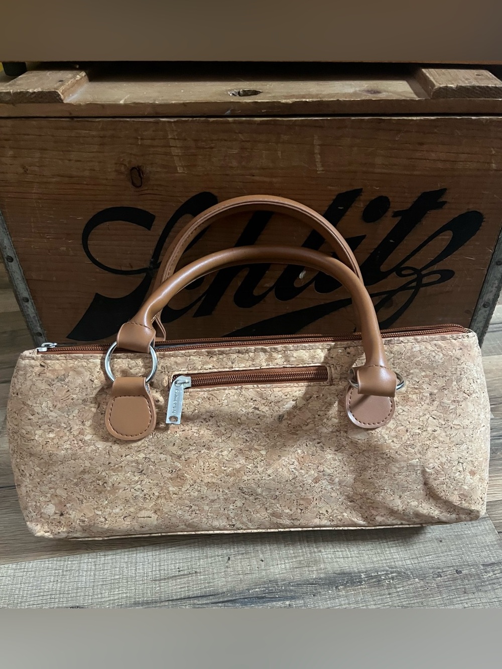 Handheld Cork Tote Bag with Tan Accents